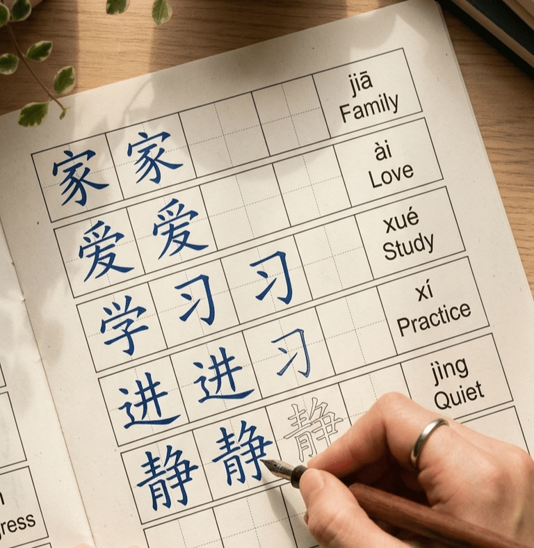 Chinese characters writing practice on a grid worksheet with pinyin and English translations