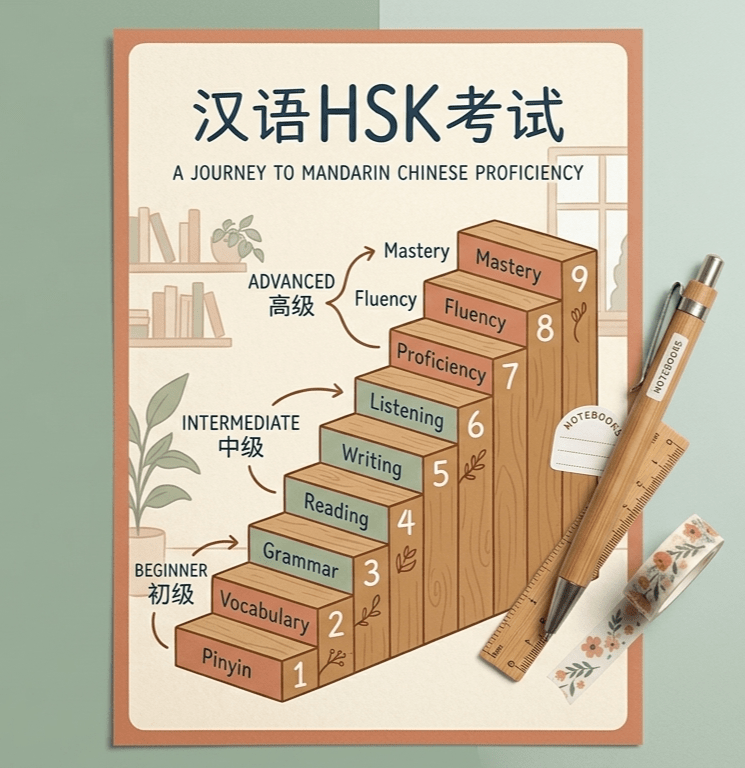 HSK3.0 proficiency level staircase diagram from beginner Pinyin to advanced.