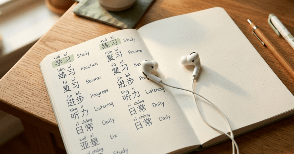 A notebook with Chinese vocabulary words and pinyin on a wooden desk with tea and earphones